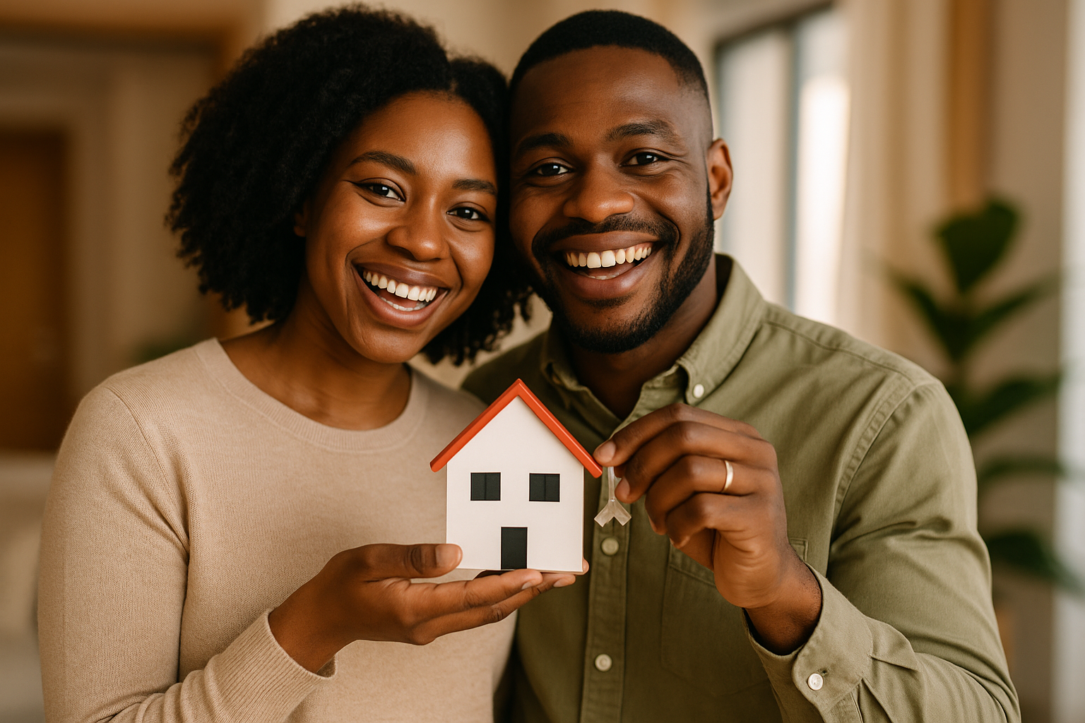 Casal Negro Sorrindo Com Miniatura De Casa Nas Mãos No Novo Lar Casal Afro-Brasileiro Sorridente Segurando Uma Pequena Casa E Uma Chave, Simbolizando A Conquista Do Primeiro Imóvel No Programa Minha Casa Minha Vida≪/P≫
≪P≫